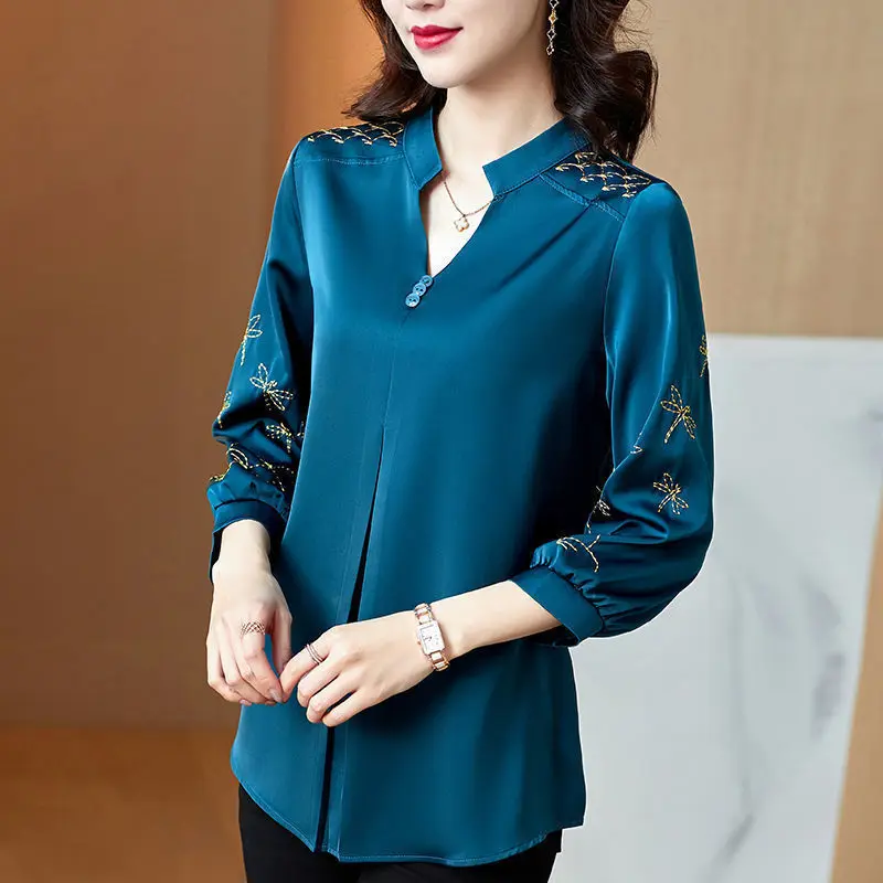 

Women Clothing Spring Summer New 3/4 Sleeve Embroidery Blouse V Neck Solid Color Loose Fashion Shirt Tops Vintage Elegant S-5XL