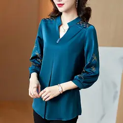 Women Clothing Spring Summer New 3/4 Sleeve Embroidery Blouse V Neck Solid Color Loose Fashion Shirt Tops Vintage Elegant S-5XL