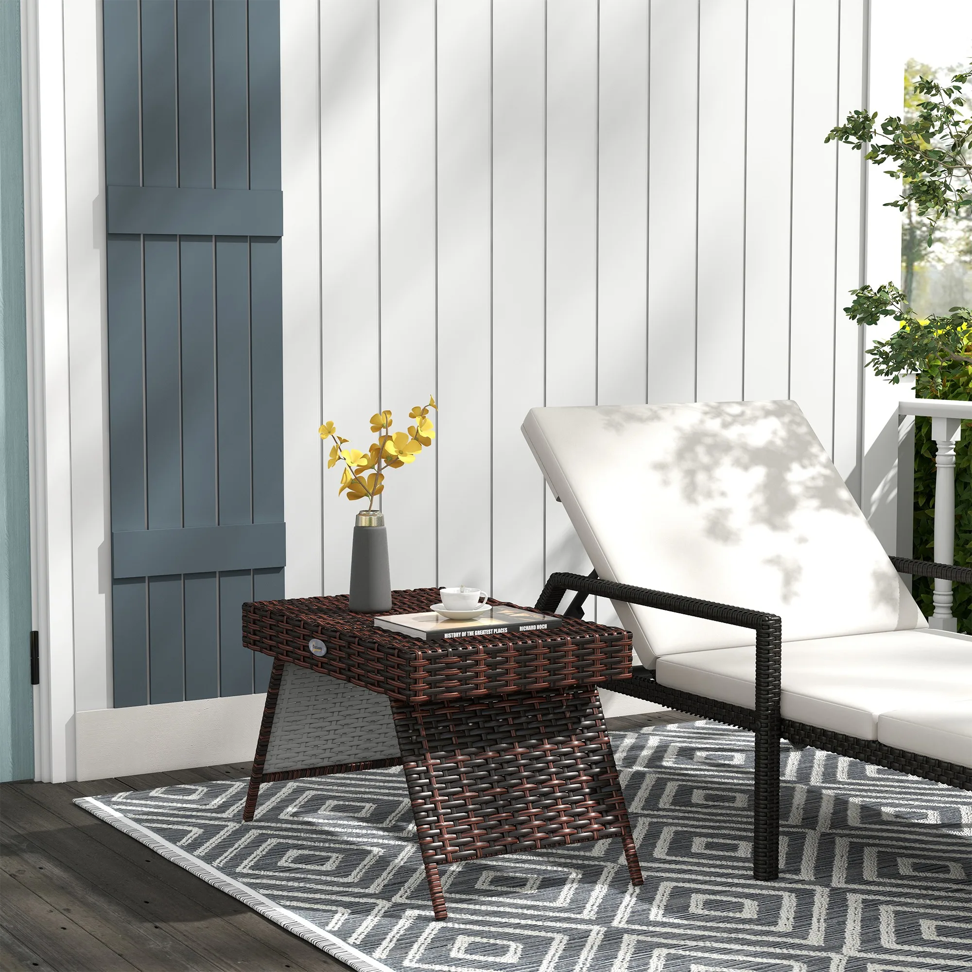 Outsunny Outdoor Rattan End Table, Foldable Patio Wicker Table, Brown