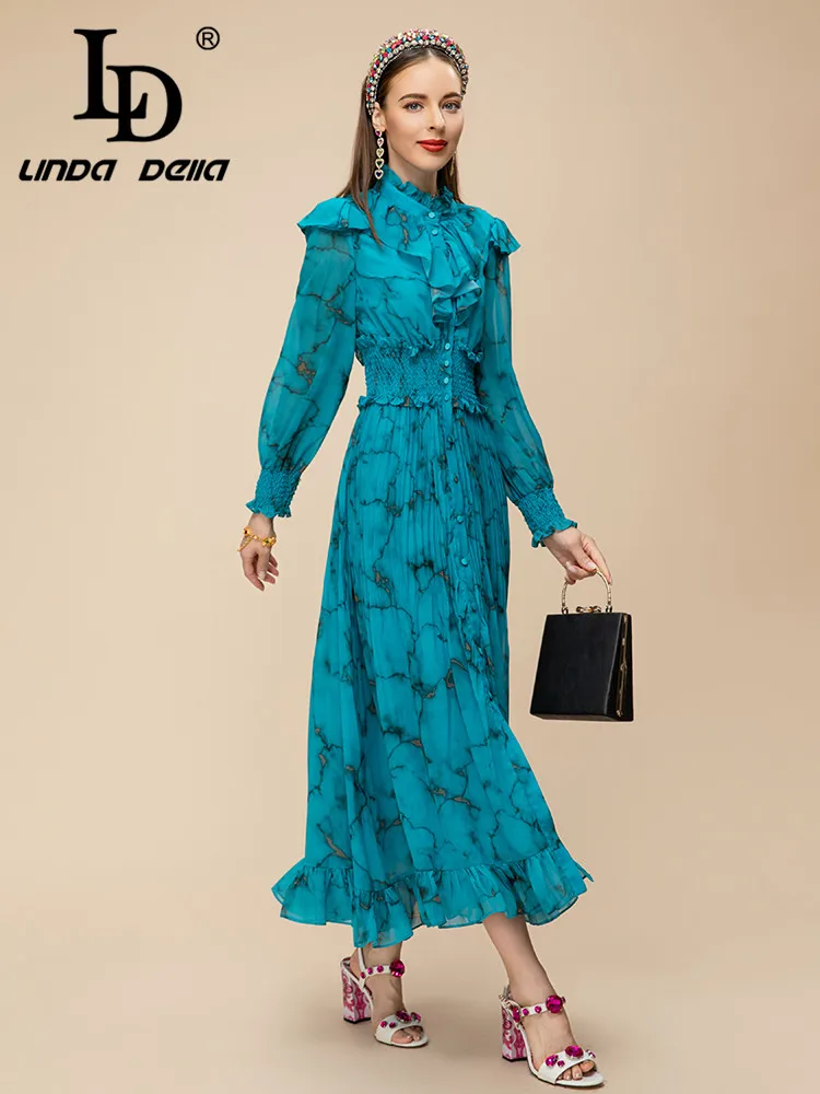 LD LINDA DELLA New Style Fashion Designer Dress Women\'s  Ruffled Elastic Waist Single-breasted Chiffon Print Draped Long Dress