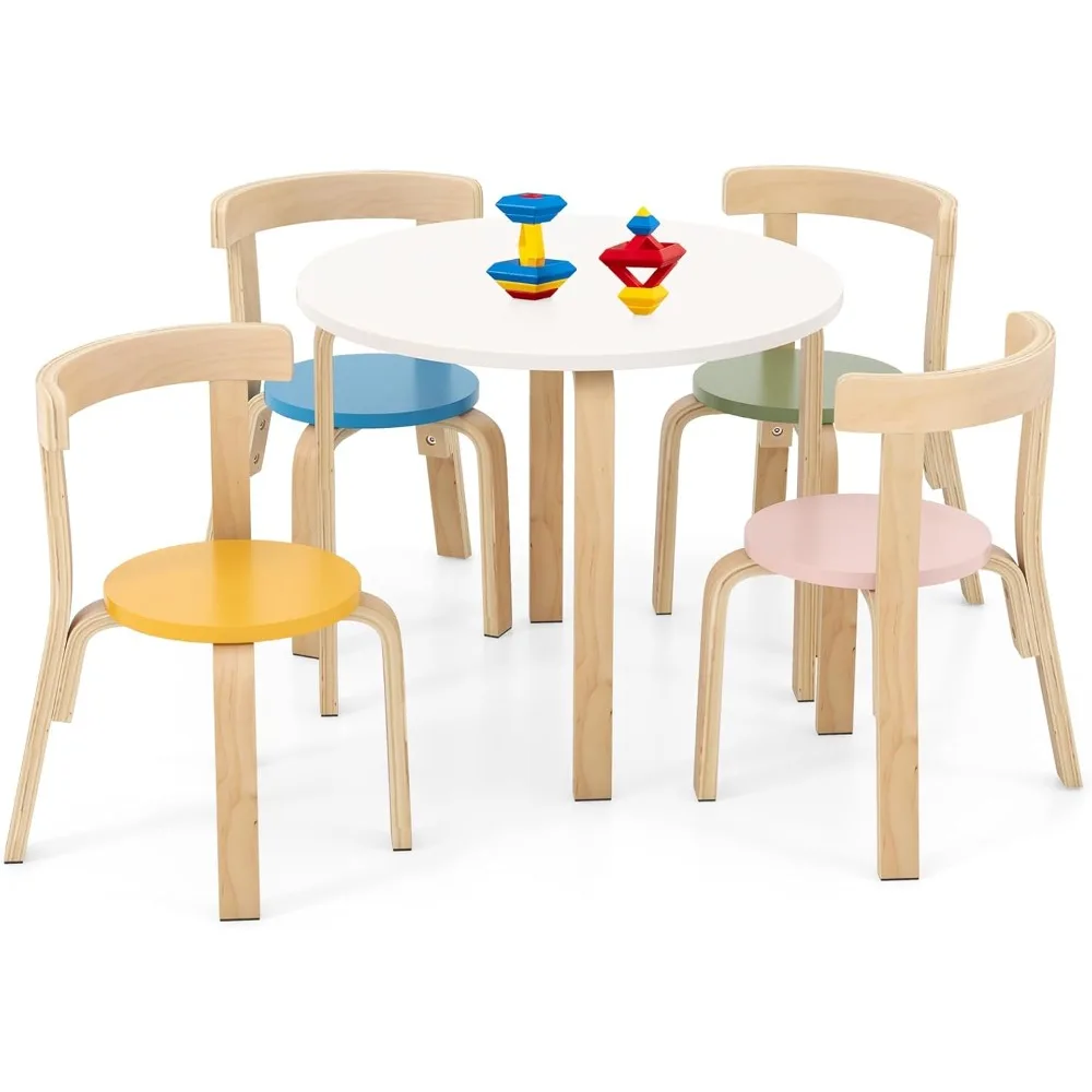 Kids Table and Chair Set, Bentwood Toddler Round Table and 4 Chairs for Craft Art, Building Block, Children Furniture Set