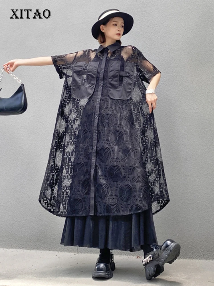 

XITAO Lace Patchwork Single Breasted Dress Solid Color Turn-down Collar Short Sleeve Loose A-line Slim All Match Dress ZMY1190