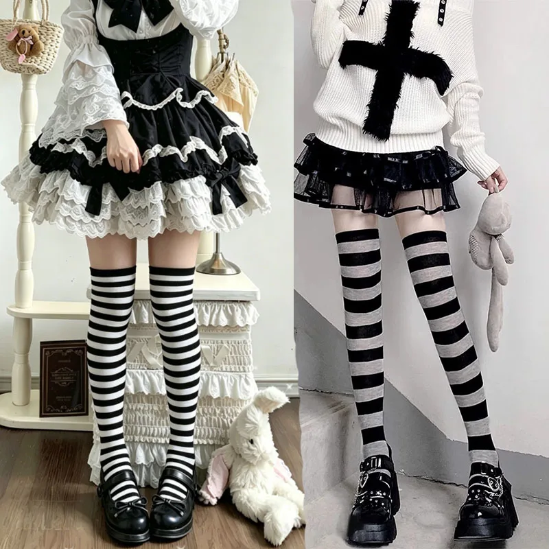 Color Striped Stockings JK Japanese Over Knee Socks Fashion Women Keep Warm Soks Sexy Slim Long Soks Black White Striped Hosiery