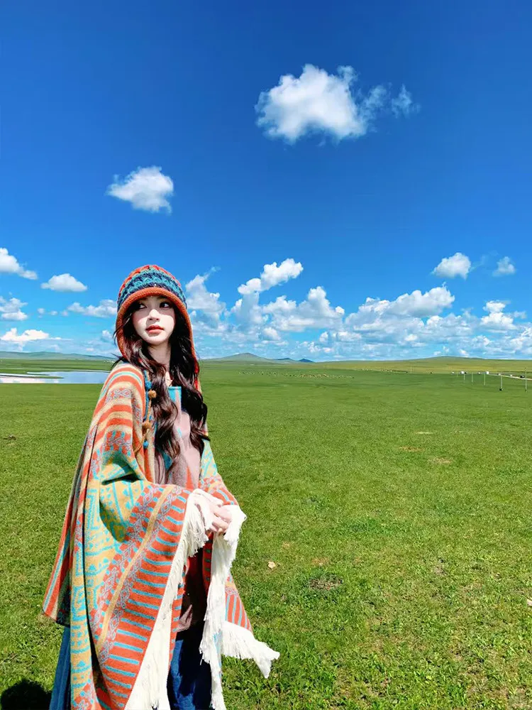 Boho Ethnic Style Cotton Blend Shawl For Women Fringed Cloak Cape Summer Air Conditioning Cover Up Outdoor Travel Vacation Wear