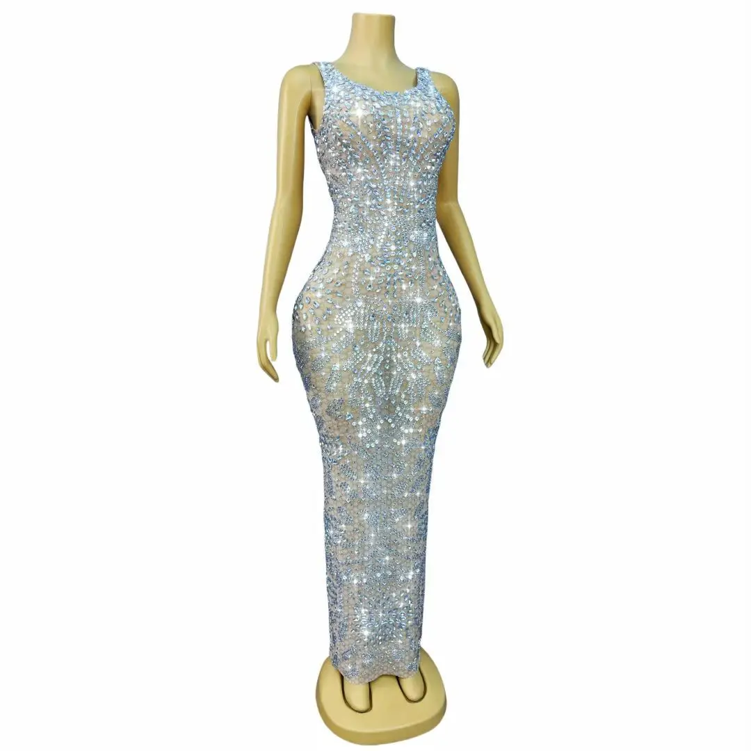 Baixuehua Elegant Women Suspender Dress Shiny White Rhinestone Suspender Dress Celebrity Red Carpet Dinner Celebration Dress