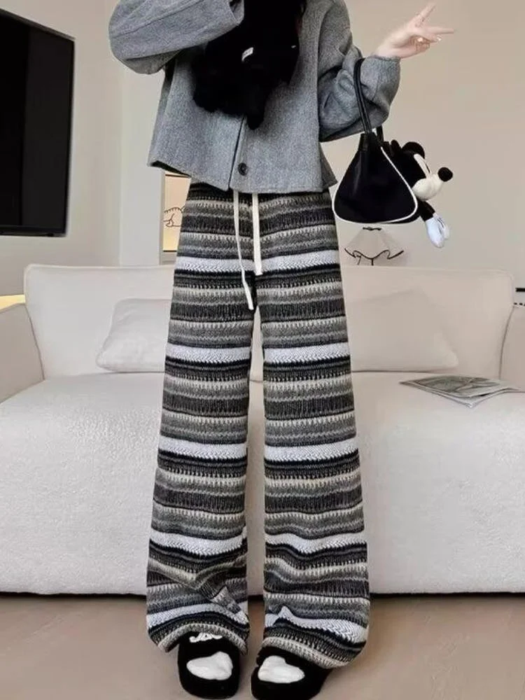 

Повседневные брюки в полоску American Sle Fair Isle, женские зимние новые широкие брюки Fce, свободные драпированные вязаные прямые брюки