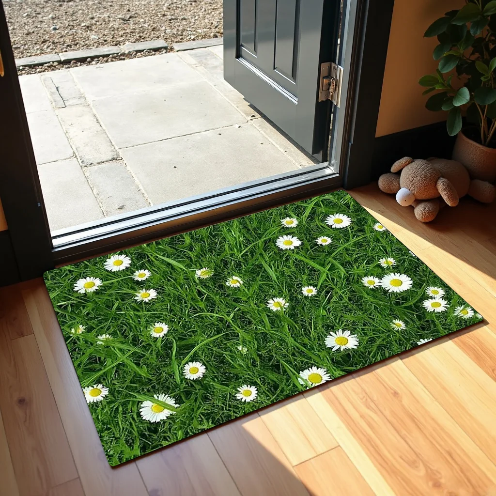 Fresh Green Grass Daisy Doormat Natural Spring Meadow Print For Entryway Kitchen And Botanical Home Decor