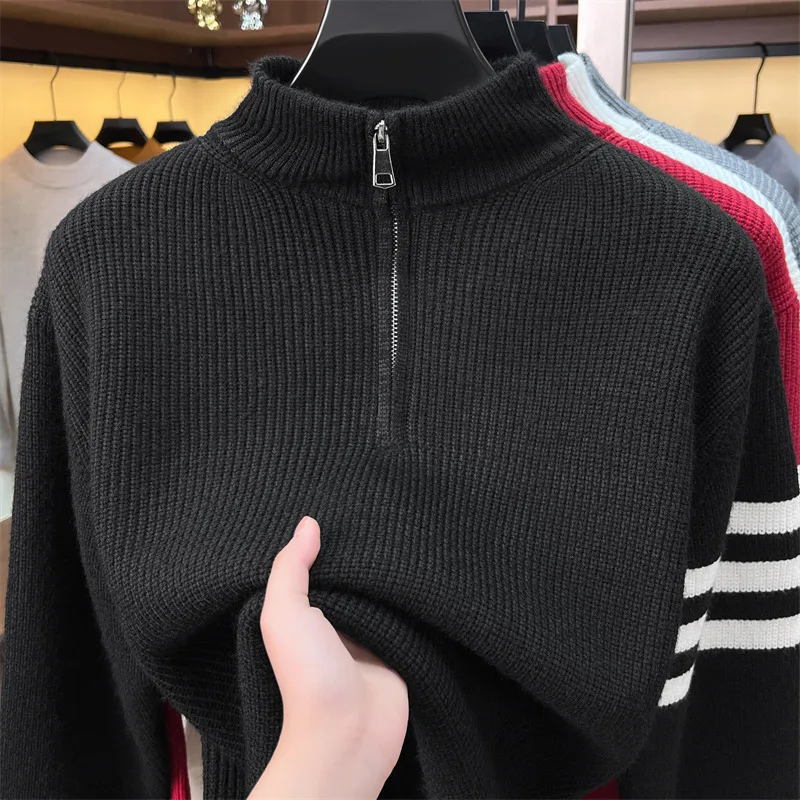 Light Luxury Brand knitted striped men's sweater new high-quality half zipper fashion casual comfort stand up collar pullover