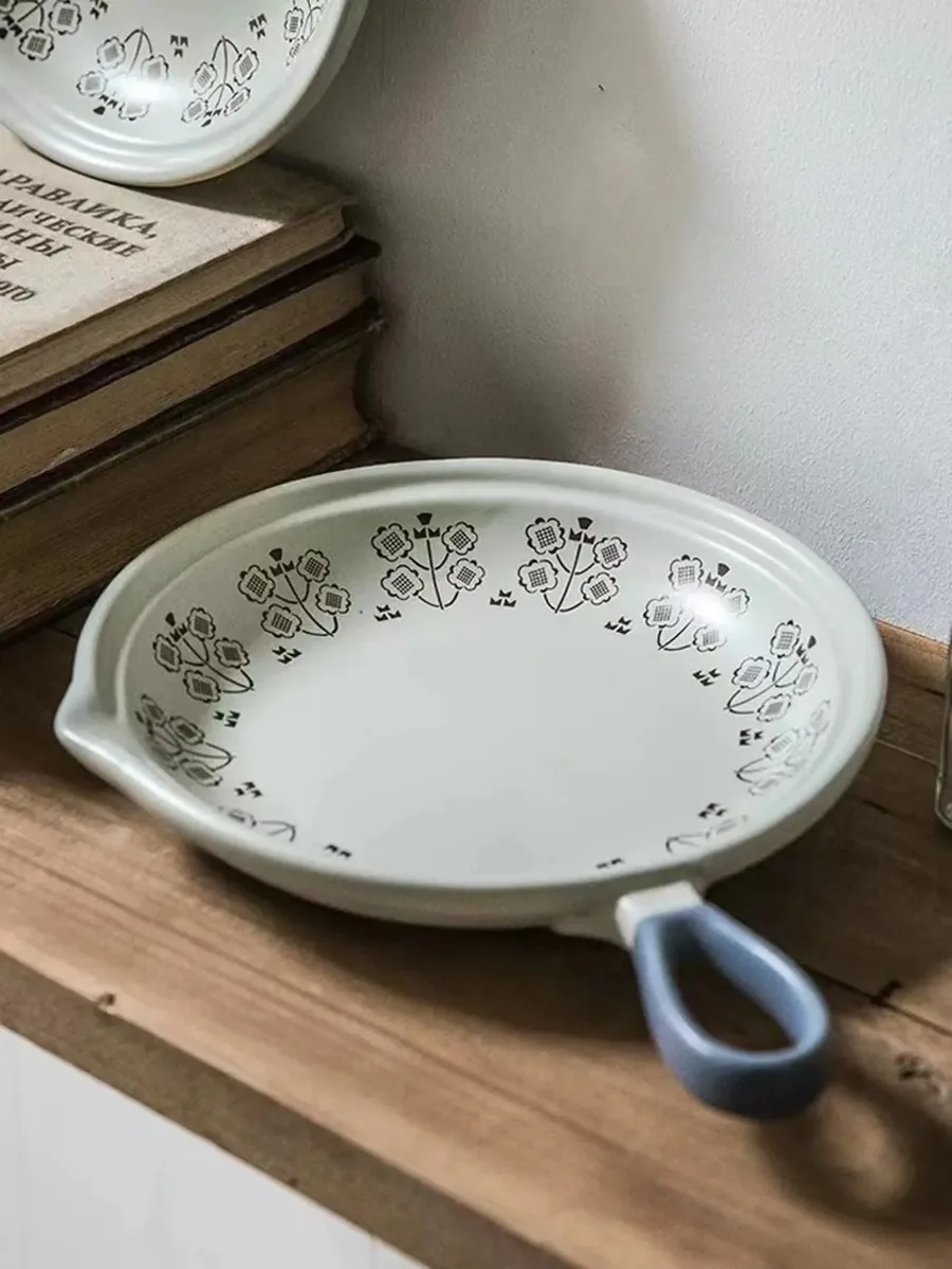 Ceramic Baking Pan Flat Bottomed Frying/Wok Pan Fruit/Steak Plate with Handle Dinner Dish Party Buffet Restaurant Cookware