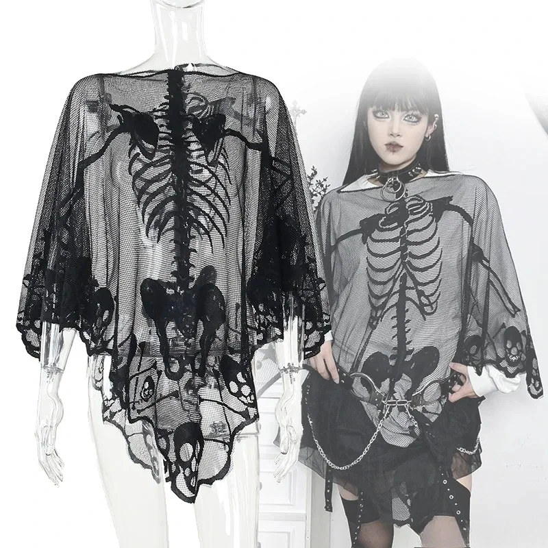 Punk Gothic Girl Cosplay Adult Women Sexy Top Jumpsuit Skeleton Printing Semitransparent Robe Halloween Outfits