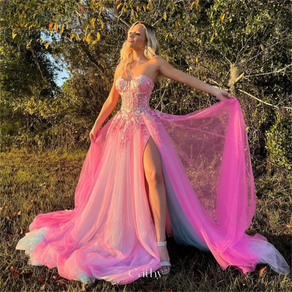 

Cathy Pink Lace Appliques Tulle Prom Dresses Strapless A-line vestidos de noche Elegant Sleeveless Side Split Formal Evening