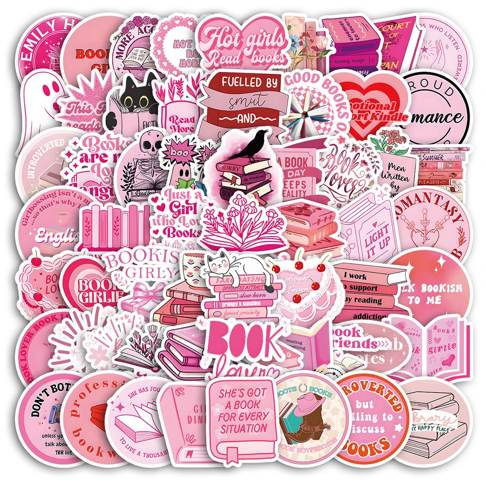 10/30/60pcs Cute Pink Bookish Reading Book Stickers Aesthetic Students School Season Gifts DIY Scrapbooking Laptop Phone Sticker