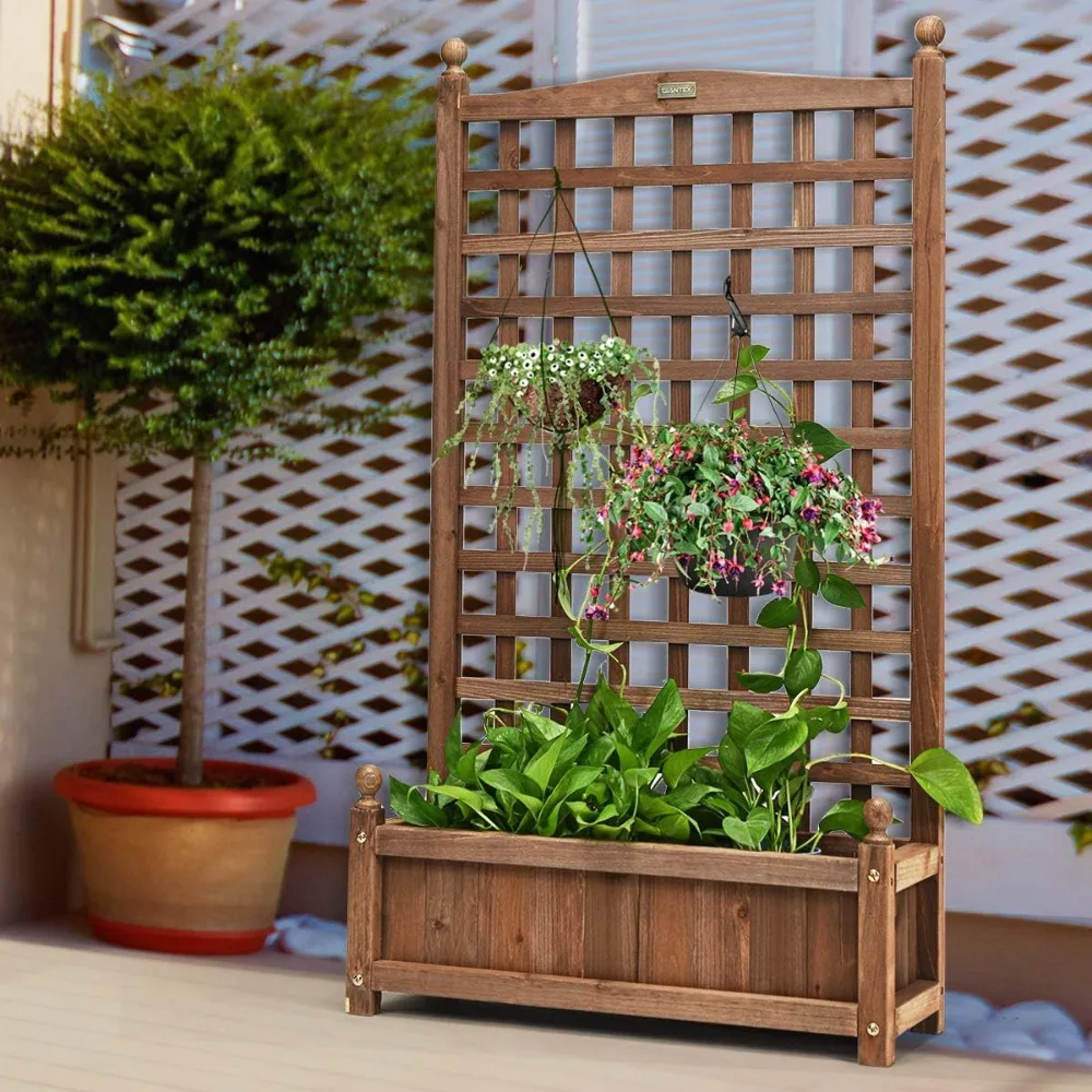 

Wood Planter Free Standing Plant Raised Bed with Trellis for Garden or Yard (11" Dx25 Wx48 H)