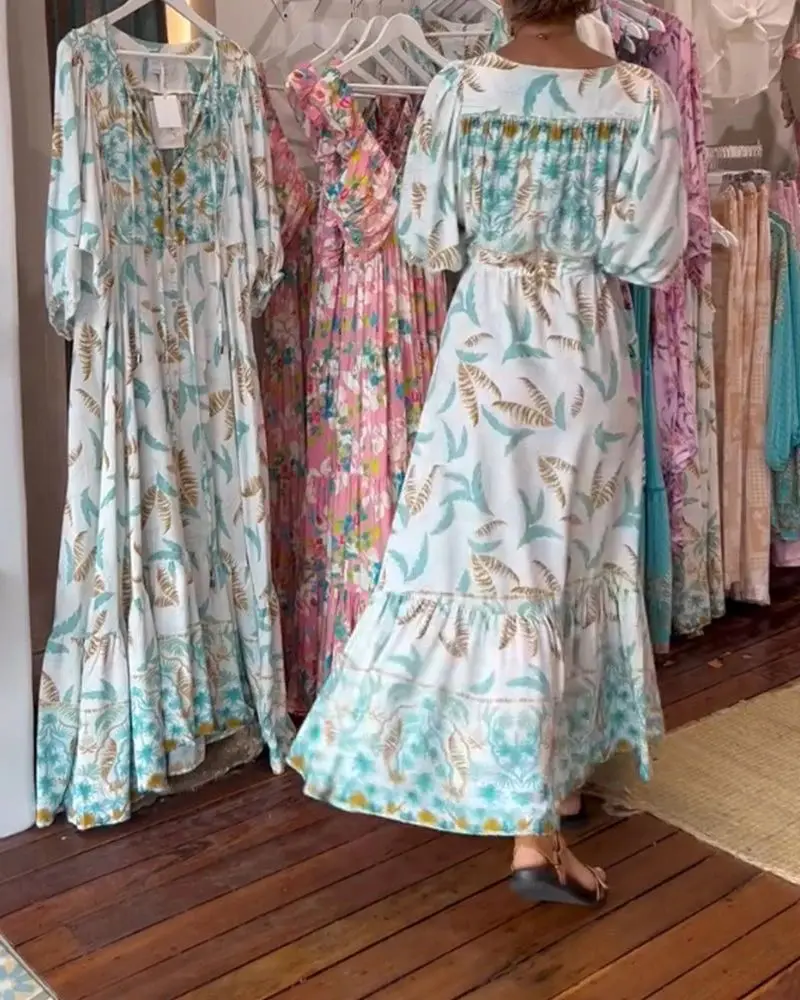 Elegancka plisowana sukienka z nadrukiem z dekoltem V dla kobiet Casual Holiday Long Lady Outfit 2025 Spring Summer A-Line Boho Maxi Dresses Vestido