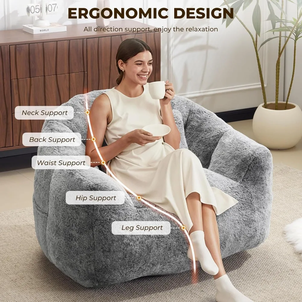 كرسي كيس فول من فراء الأرنب الصناعي كبير الحجم للبالغين، أريكة كسولة مريحة ومنفوشة، مقعد صالة على الأرض، لهجة مريحة بدون عظم