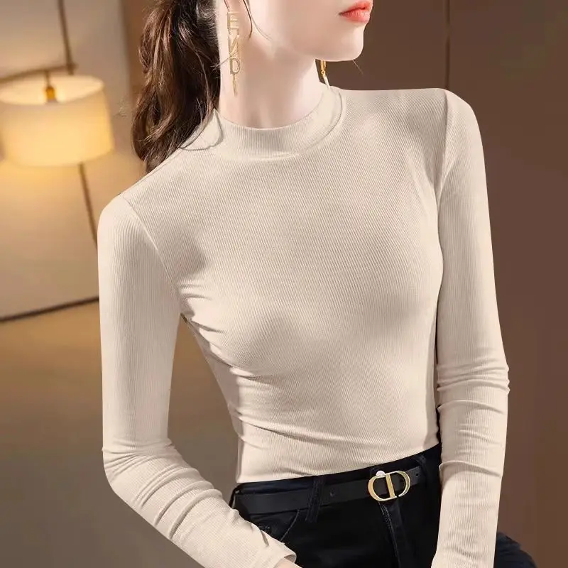 Round Neck Solid Color Pullover Women's Clothing Spring Autumn Screw Thread Casual T-shirt Fashion Long Sleeve Vintage Tops