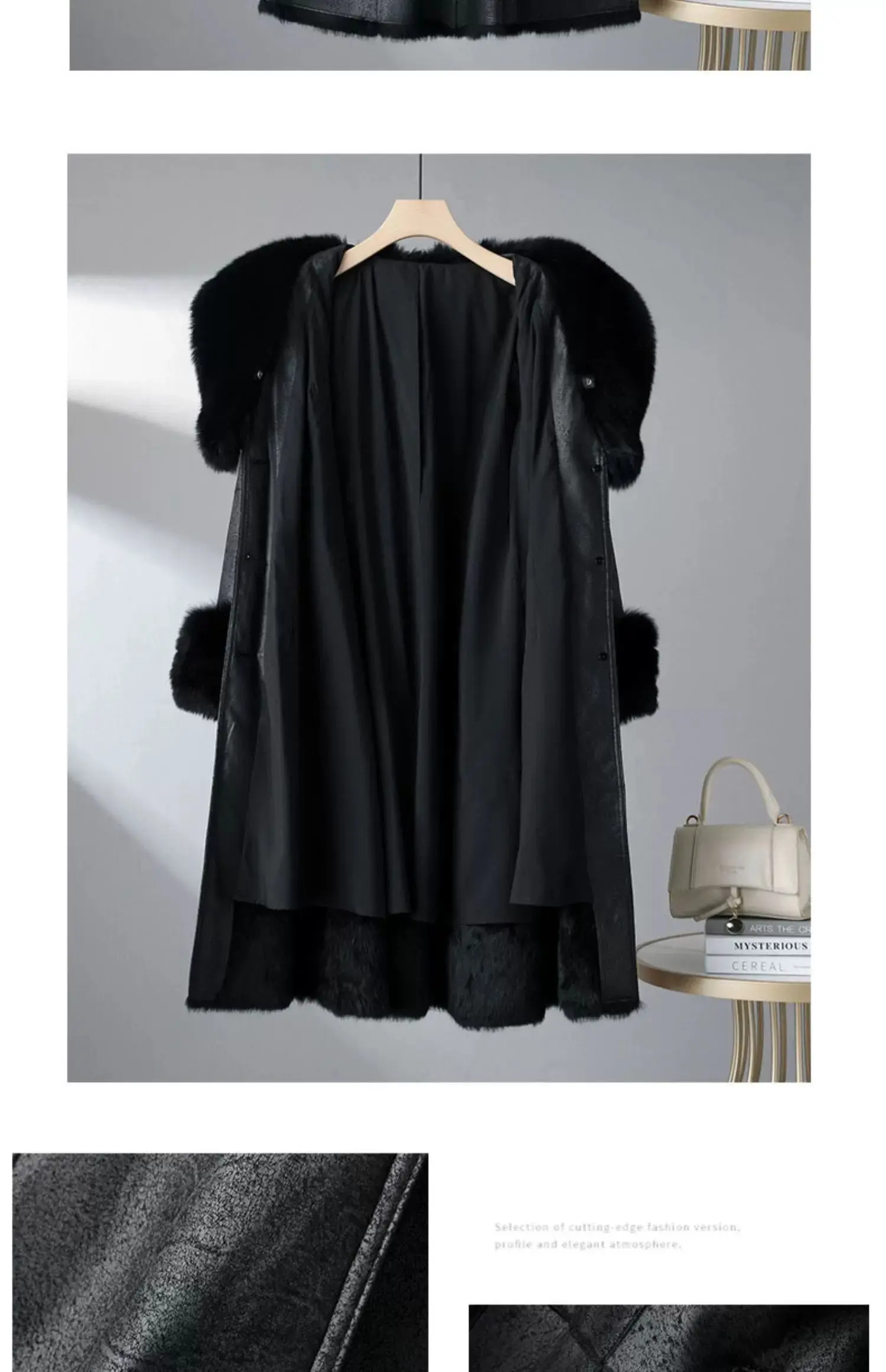 2023 New Rabbit Fur One Piece Coat for Women Mid length Fox Fur Collar Lace up Slim Fit Haining Fur Coat for Women