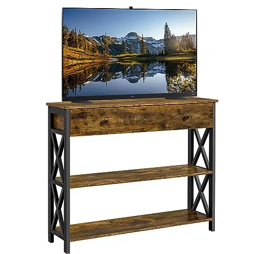 TV Stand for TV up to 45 inch, Narrow Tall Storage, Rustic Brown | Slim 12" Depth Fits Small Spaces, Industrial Media