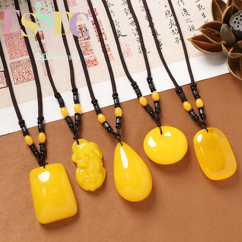 Exquisite jewelry ethnic style amber beeswax necklace chicken oil yellow Wu Shi brand Pixiu pendant retro women's long sweater