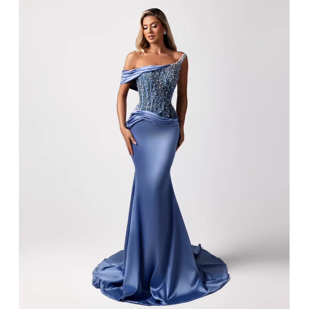 

Blue Mermaid Evening Dresses Bustier Corset Pearls Luxury Prom Dress Floor Length Elegant Party Gown Gala Vestidos Customized