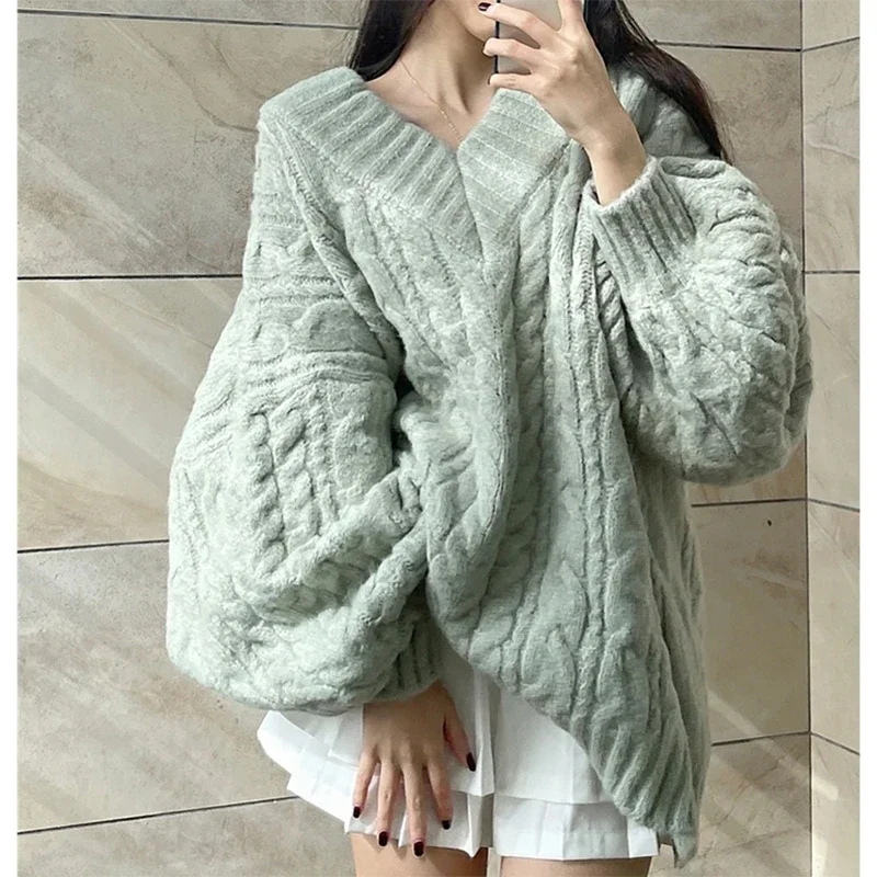 Kobiety w stylu Vintage leniwy wiatr V Neck śliczne swetry z dzianiny jesień dorywczo luźny sweter z długim rękawem koreański Oversize zielone swetry