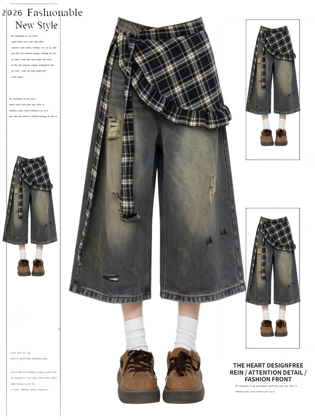 

Retro American Distressed Denim Shorts Women's Summer Design Checkered Wide Leg Casual Pants High Waist Tear Hole Jeans