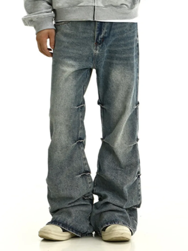 American High Street Washed Wrinkled Jeans Men's Fashion Straight Flared Long Pants 2026 Spring New 24WQD