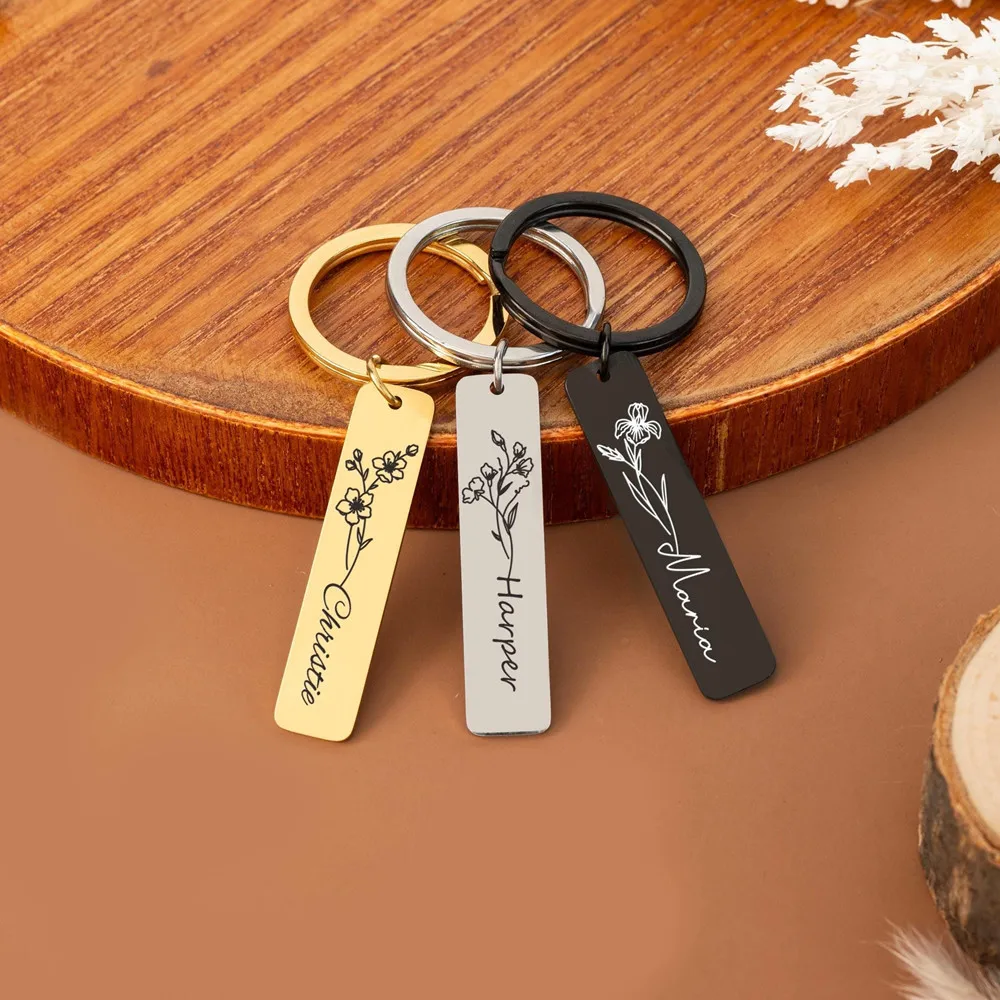 Custom Name Birth Flower Keychain Anniversary Gift for Women Personalized Letters Stainless Steel Keyring BFF Jewelry Girls