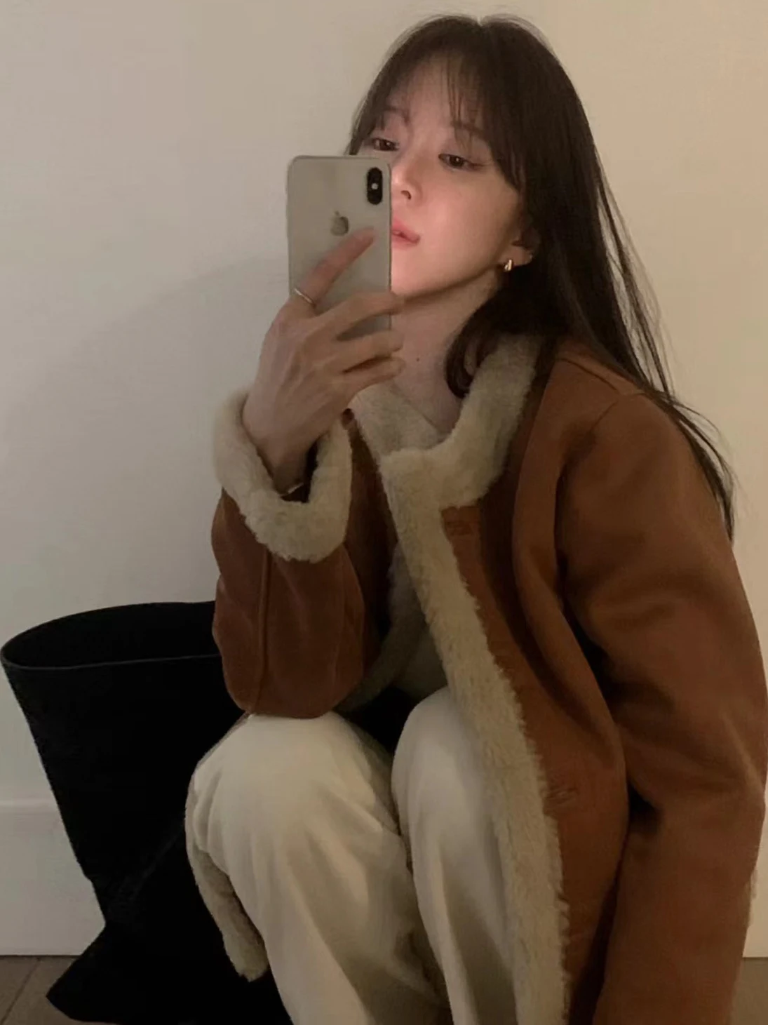 Faionable على الوجهين ارتداء فرو الضأن Jaet المرأة الكورية Sle الرجعية الجولة Ne زر واحد ثي معطف دافئ طويل Sve