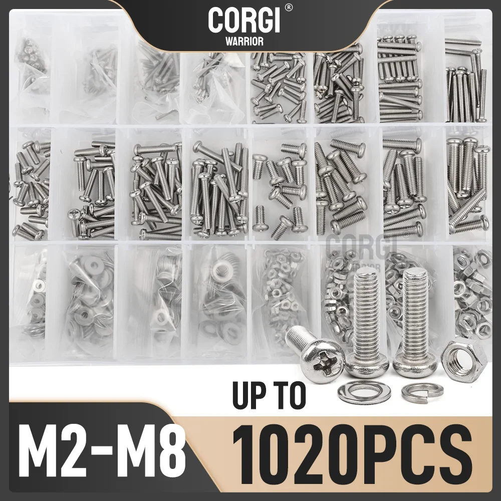 Up to 1020 M2 M2.5 M3 M4 M5 M6 M8 Phillips Pan Head Machine Screws Assortment Kit Electricians Screw 304 Stainless Steel Washers