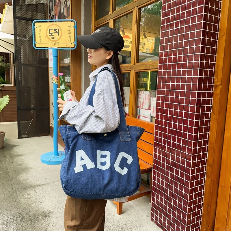 

Large Denim Women's Bag New Jeans Sling Bag Canvas Shoulder Bag Y2K Letter Print Eco Bag Korean Shopping Handbags ABC Book Bag