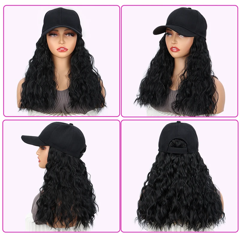 Peluca de sombrero para mujer, peluca de gorra de béisbol de onda larga con extensiones de cabello sintético rizado, peluca de gorra de béisbol negra marrón ajustable