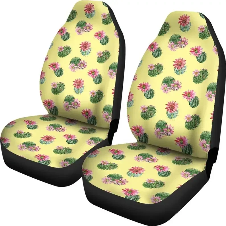 Cactus Pattern With Flowers Car Seat Covers Pastel Yellow Southwestern Set of 2 Boho Desert Car Accessories Universal Car SUV Bu