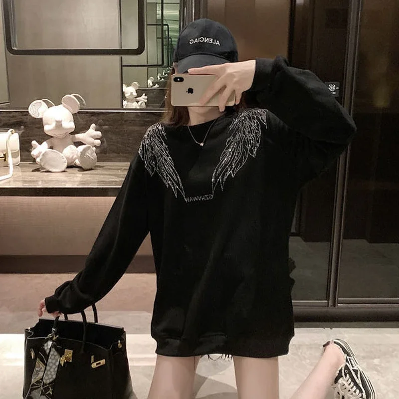 Female Streetwear Sweatshirt Grunge Plain Gothic Emo Graphic Tops Rhinestone Hippie Y2k Clothes for Women Black Pullover Autumn