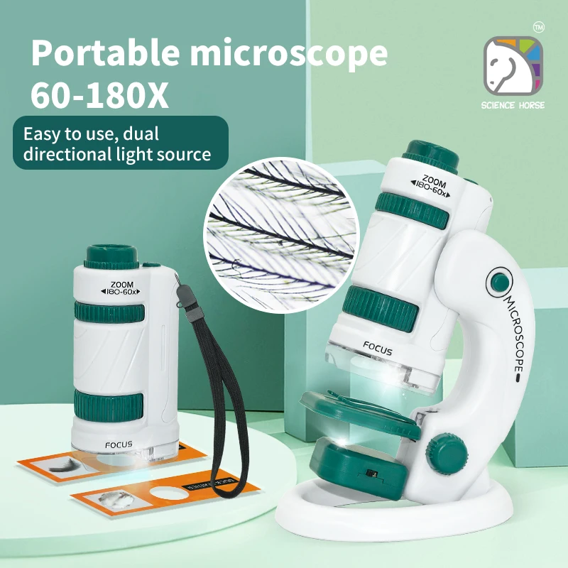 SCIENCEHORSE Portable Children's Microscope with Stand and Top/Bottom Light, Zoom 60x-180x, Handheld Mini Microscope, Dp Stand M
