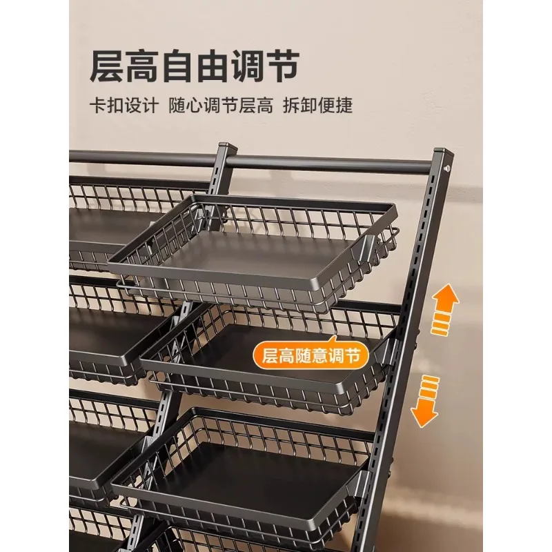 Supermarket Shelving, Freestanding Mobile Produce Display Racks, Fruit and Vegetable Store, Snacks, Angled Baskets