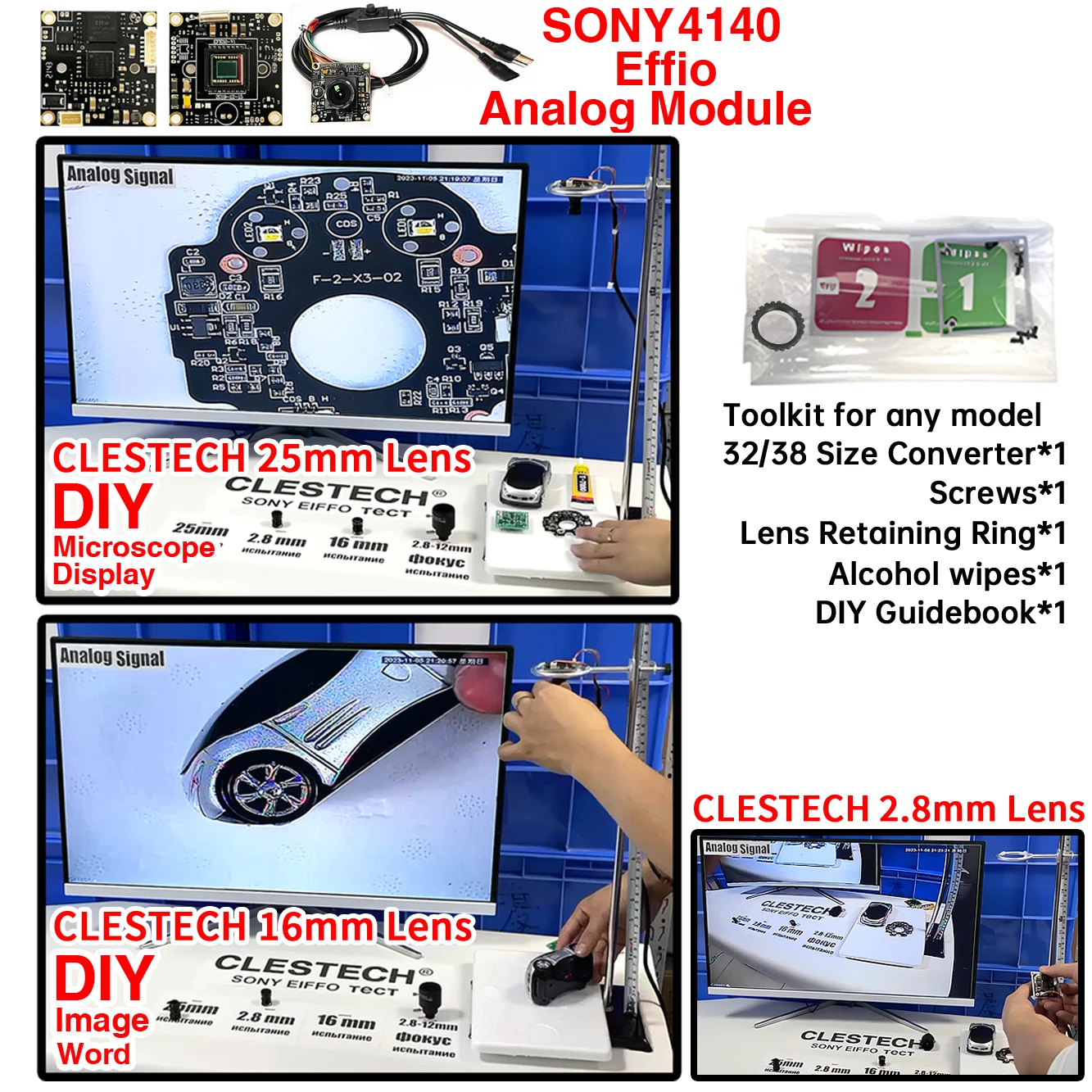 Kit SONY Effio 4140 673 Chipmodul CCD 800 TVL Analog HD CCTV-Kamera Komplettes Instrumentenset Version Eigener BNC auf VGA/Metallturm