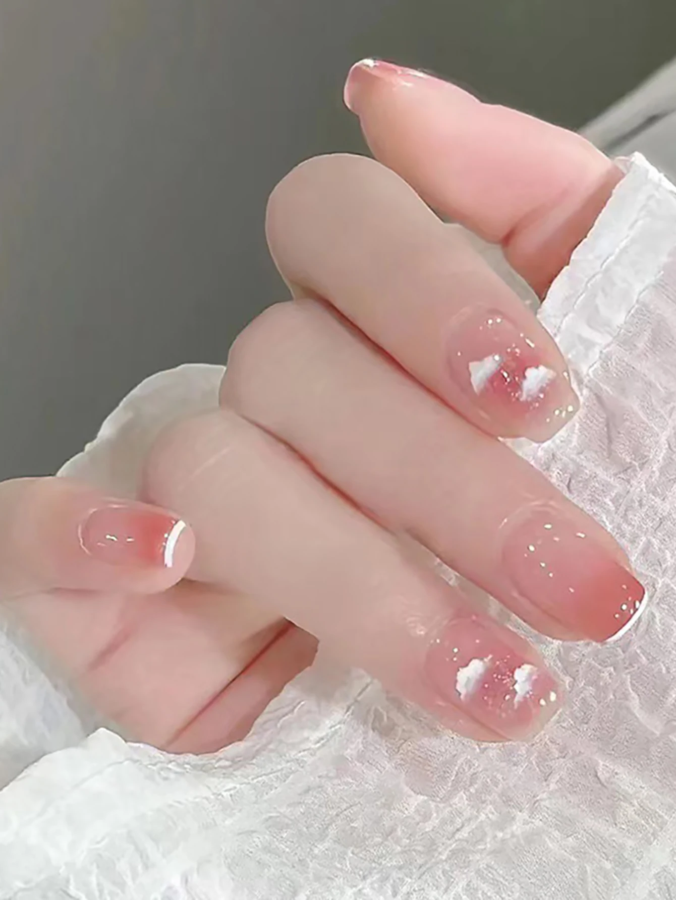 Pink Blush Cloud Artificial Nails Full Cover Nails Short Press-On Nails for Home DIY and Nail Salon