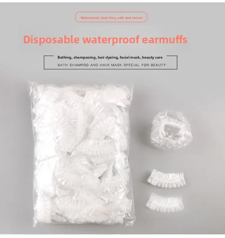 使い捨て耳カバー100個、シャワー、ヘアカラー、耳ピアス用PE耳プロテクター、大人用防水耳シールド