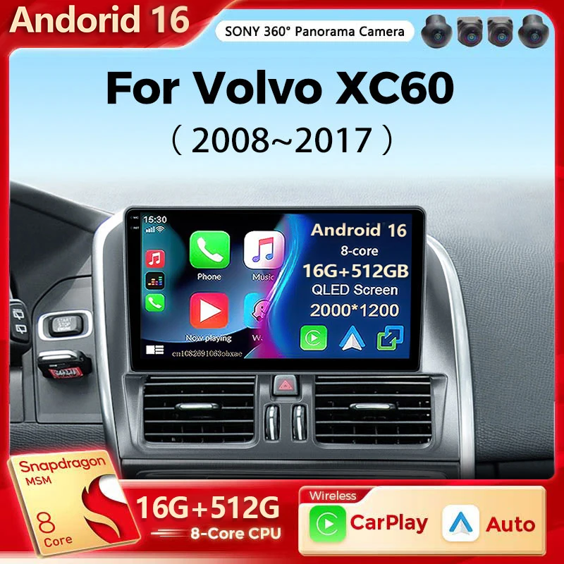Radio para Auto Android 16 con CarPlay Inalámbrico y Android Auto para Volvo XC60 2007 2010 2013 2014 2017, Radio Multimedia 4G con GPS
