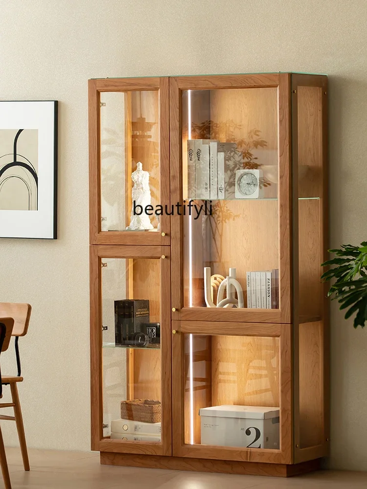 

YH Nordic Solid Wood Glass Combination Display Cabinet Cherrywood Wine Cabinet Bookcase with Glass Door