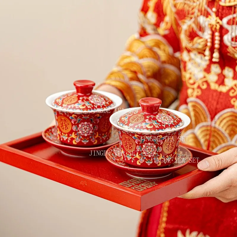 Chinesische Hochzeit Teegeschirr Liefert Exquisite Keramik Gaiwan Teetasse Handgemachte Tee Maker Doppel Glück Schüssel High-end-Tee-Set