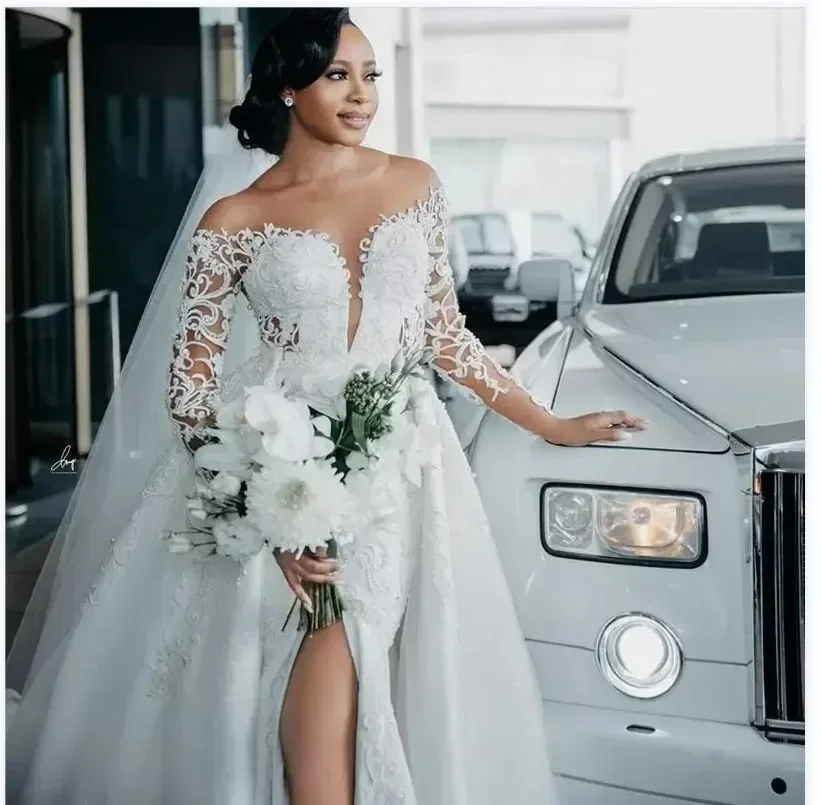 

Customized Off The Shoulder Pearls Mermaid Wedding Dresses With Detachable Train Sexy Front Split Long Sleeves Bridal Gown