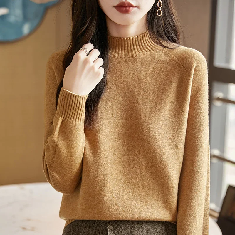 

Толстый осенне-зимний новый женский повседневный свитер из 100% чистой шерсти с полувысоким воротником, свободная базовая теплая трикотажная рубашка.