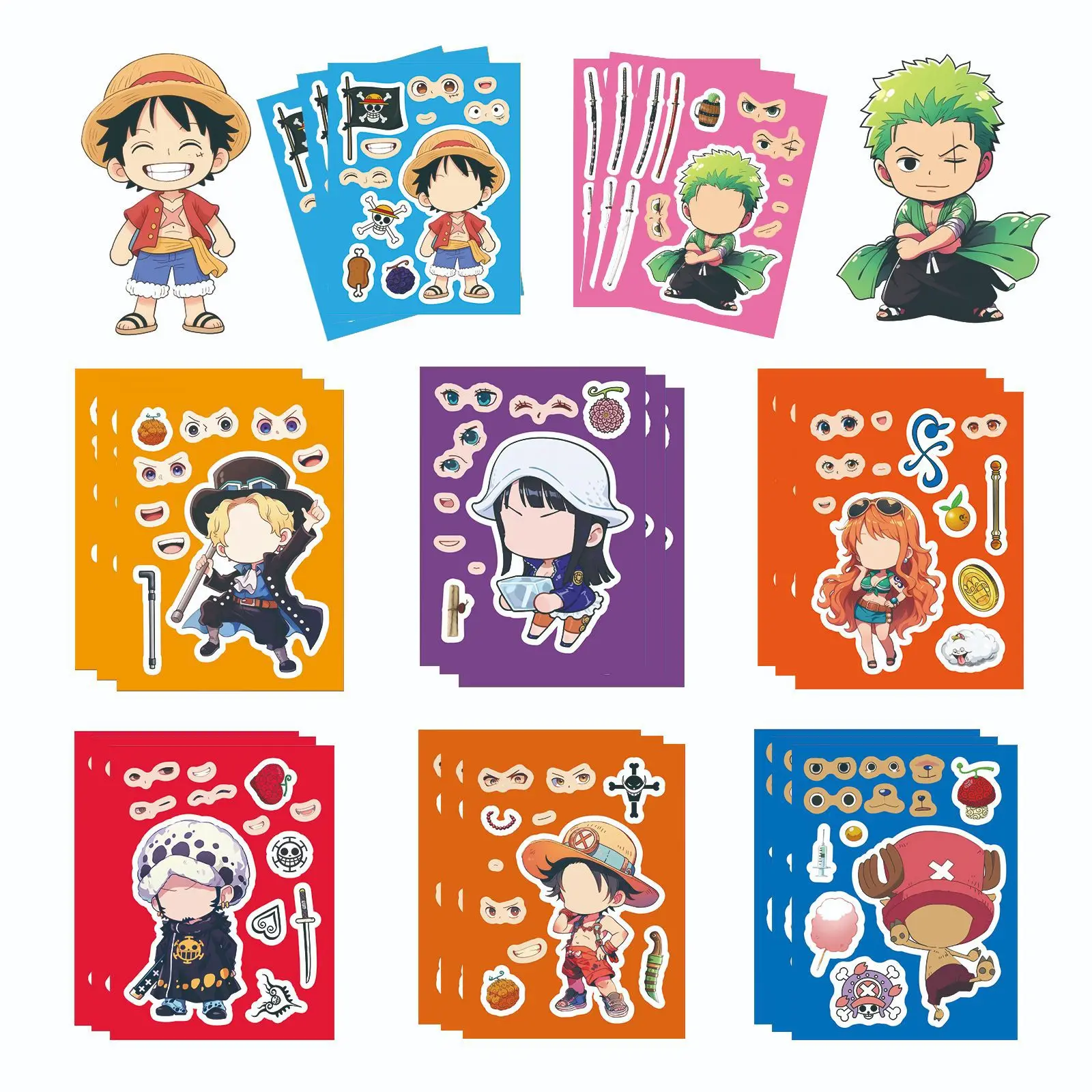 

One Piece DIY Make Your Own Face 8 Sheets Waterproof Stickers for Kids Party Favor Laptop Phone Bottle Gift