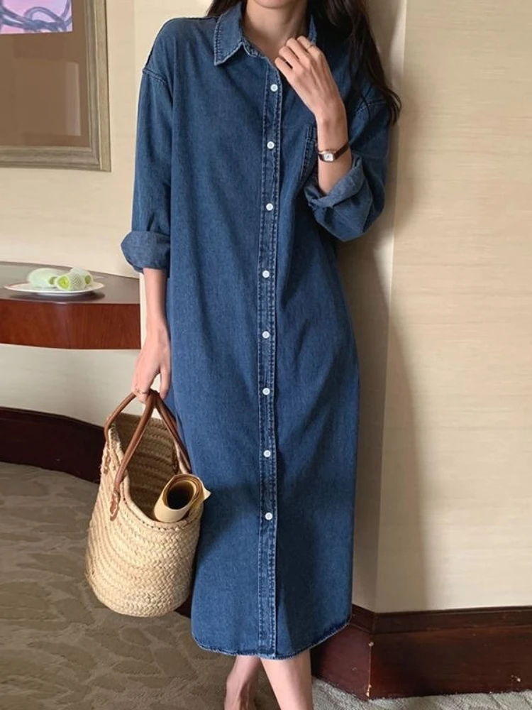 New in Spring Summer Women Casual Shirt Dress Loose Long Sleeve Cardigan Dress Korea Ladies POLO Collar Denim Shirt Long Dresses