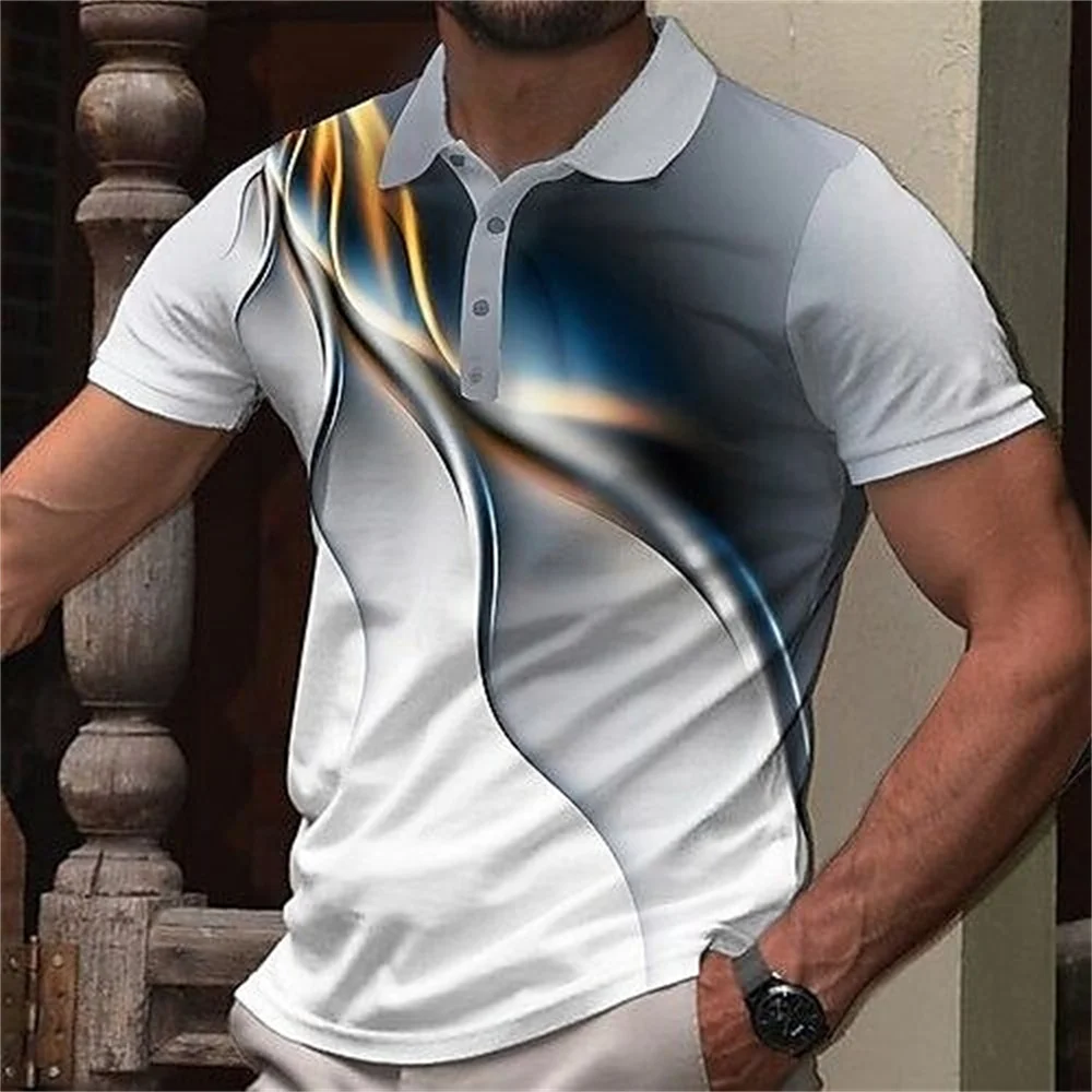 Men's Polo Shirt Fashion Gradient Line Summer Short Sleeve TShirts Casual Daily Lapel Tops Striped T Shirt For Men Clothing