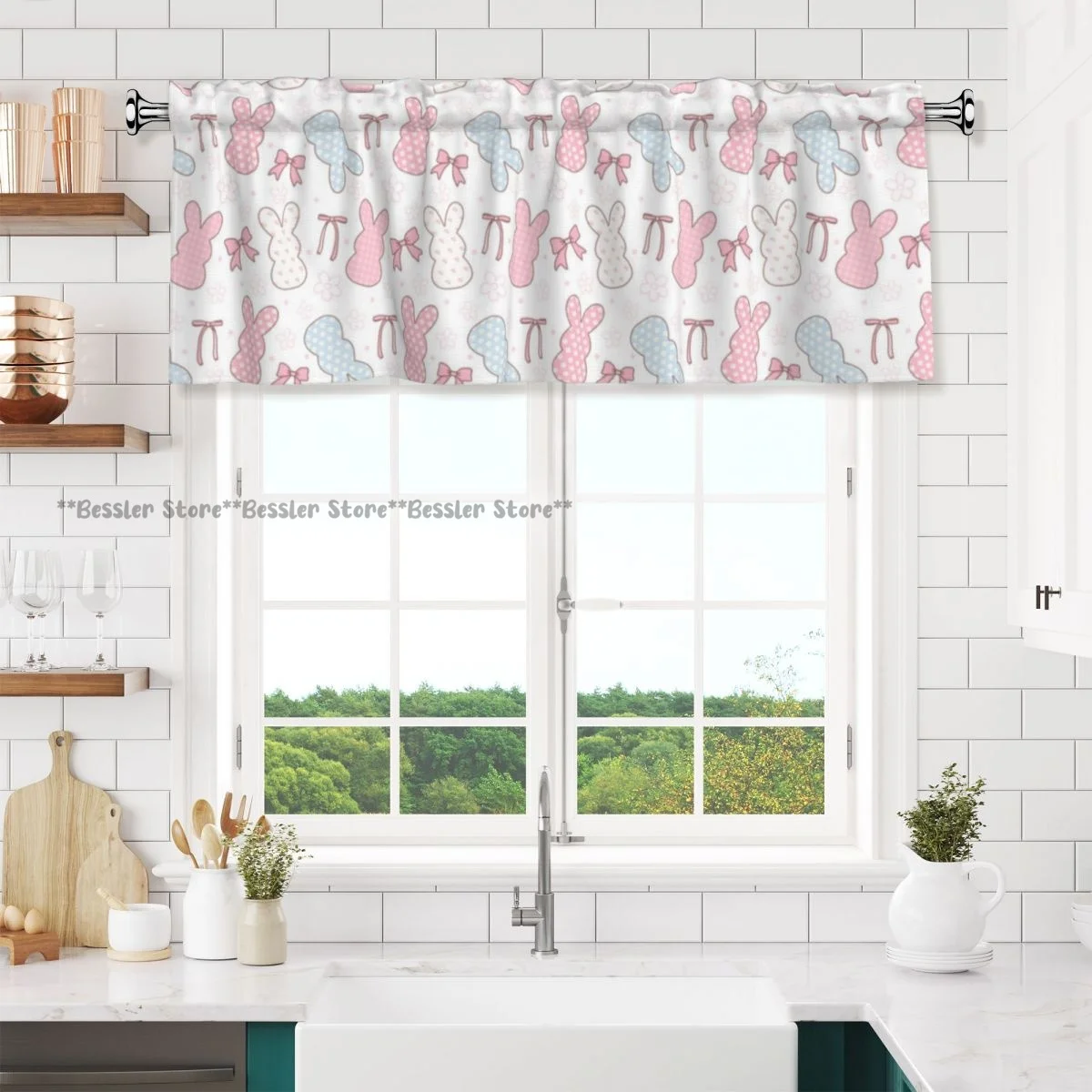 Bunny Peep Pattern With Ribbon Bow Valance Curtains Blackout Window Treatment For Kitchen Living Room Bedroom Home Decoration