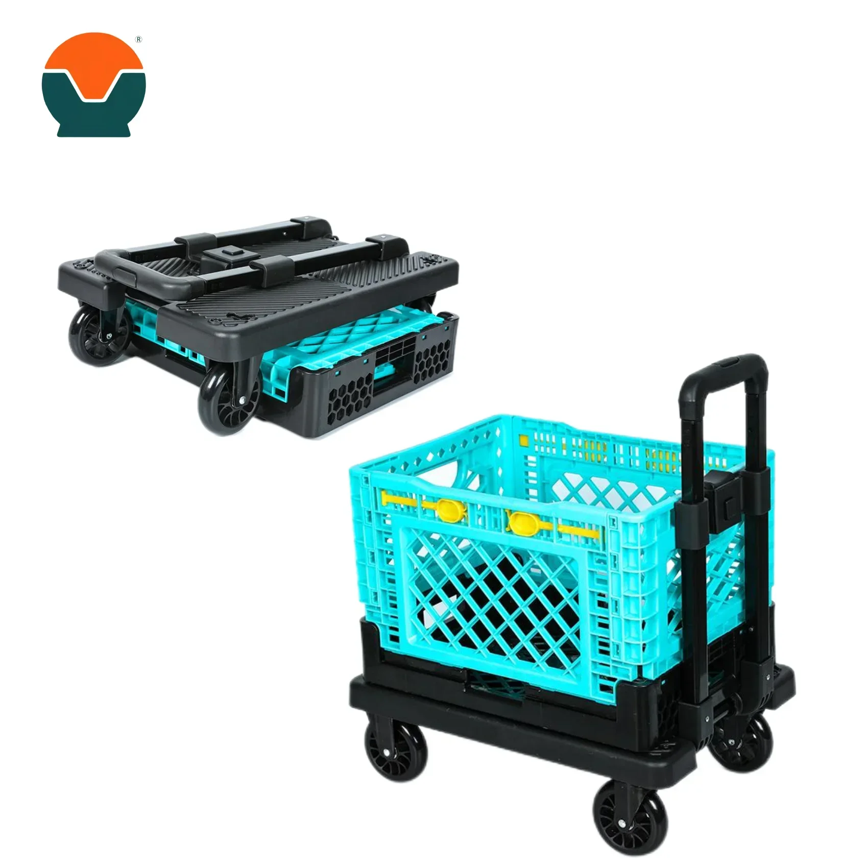 Tianyu Hot Sale Portable 4 Wheels Collapsible Plastic Foldable Detachable Basket Shopping Trolley