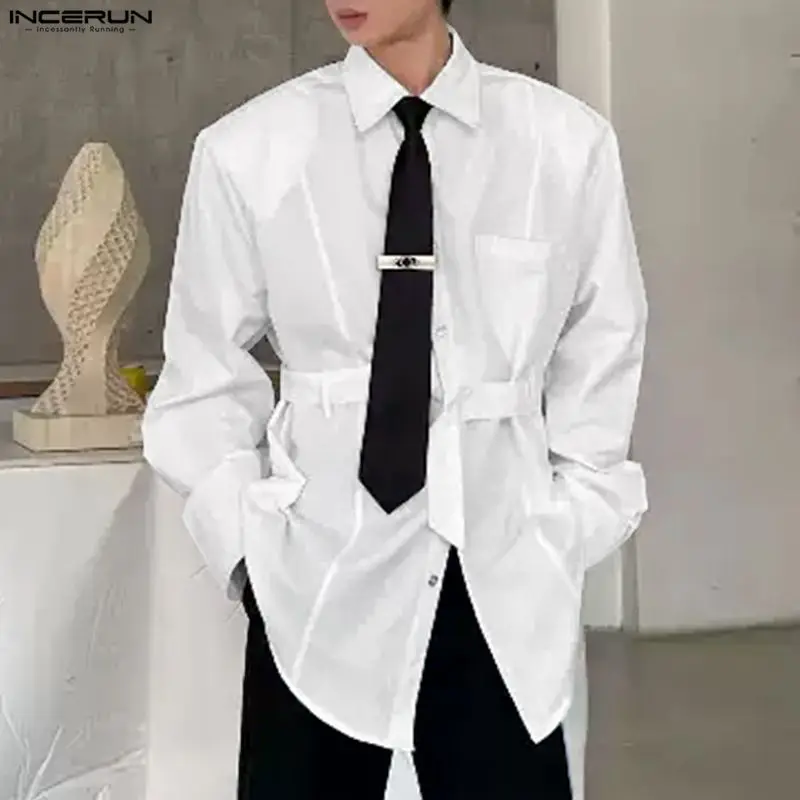 

INCERUN Men Shirt Solid Color Lapel Long Sleeve Button Streetwear Men Clothing Pockets Loose Fashion Casual Male Shirts S-5XL